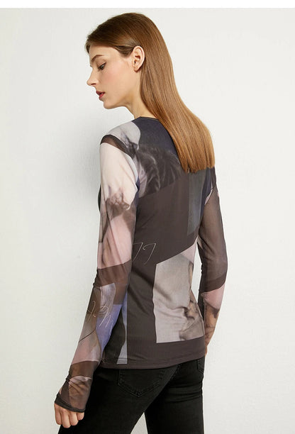 Women’s Long Sleeve Mesh Print T-Shirt – Slim Trendy Spring Top