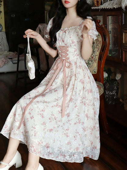 Women’s Summer Lace Fairy Dress – Square Collar Floral Princess Dress