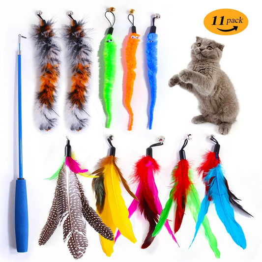 11pcs Replacement Cat Feather Set – Heads for Retractable Teaser Wand