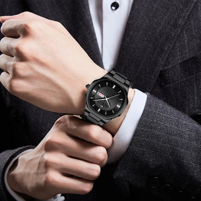 Luxury Diamond Men’s Watch – Stainless Steel Dual Date & Week Display