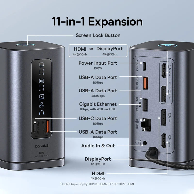 USB-C 11-in-1 Hub – 4K HDMI, DP Triple Display, 100W PD Dock