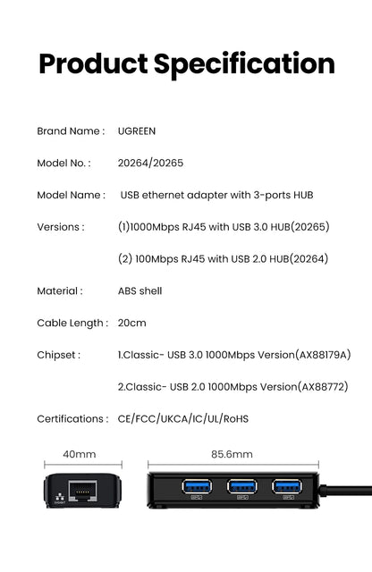 USB 3.0 1000Mbps Ethernet Adapter – RJ45 LAN Network Hub