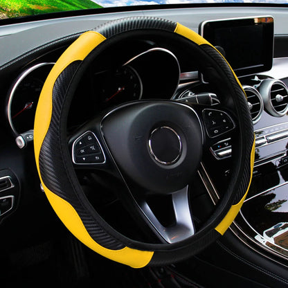 PU Carbon Fiber Leather Steering Wheel Cover 14.5–15 Inch Car Accessory