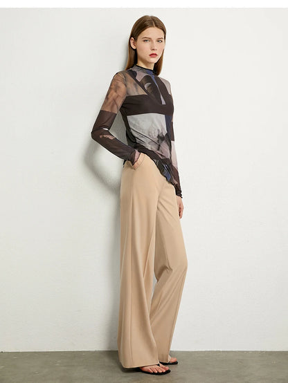 Women’s Long Sleeve Mesh Print T-Shirt – Slim Trendy Spring Top