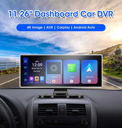 4K Dual Lens Car DVR Dash Cam with CarPlay, Android Auto, GPS, WiFi