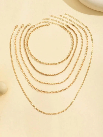 Layered Gold Tone Necklace Set – 5pcs Braided & Beaded Chains