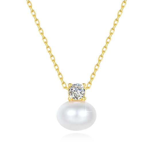 18K Gold Pearl Necklace with Moissanite Stone – Luxury Pendant