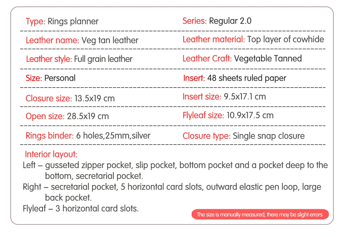 Full Grain Leather Planner with Rings – Personal Size Organizer