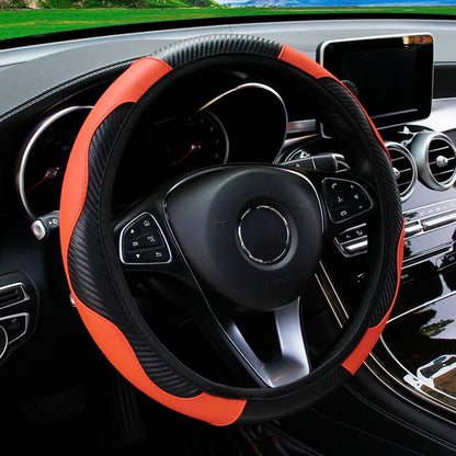 PU Carbon Fiber Leather Steering Wheel Cover 14.5–15 Inch Car Accessory