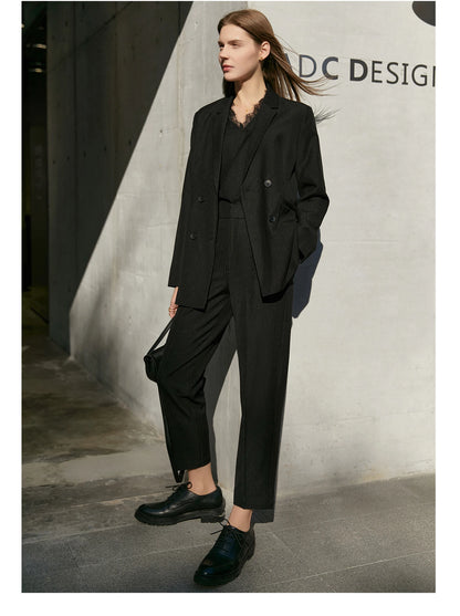 Women’s Office Blazer Set – Lace V-Neck Top & High Waist Pants