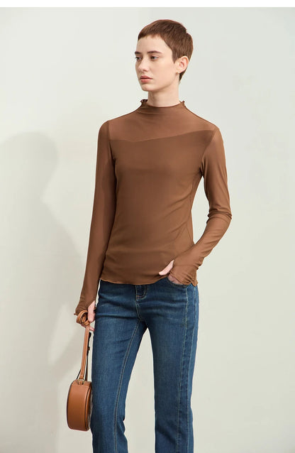 Women’s Mesh Half-High Neck Slim T-Shirt – Retro Office Spring Top