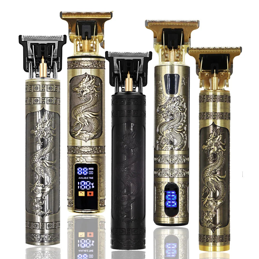 Set of electric hair trimmers with dragon designs on a white background