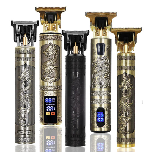 Set of electric hair trimmers with dragon designs on a white background