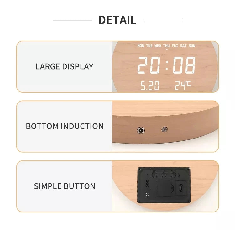 Round Wooden LED Digital Wall Clock – Silent & Modern Display