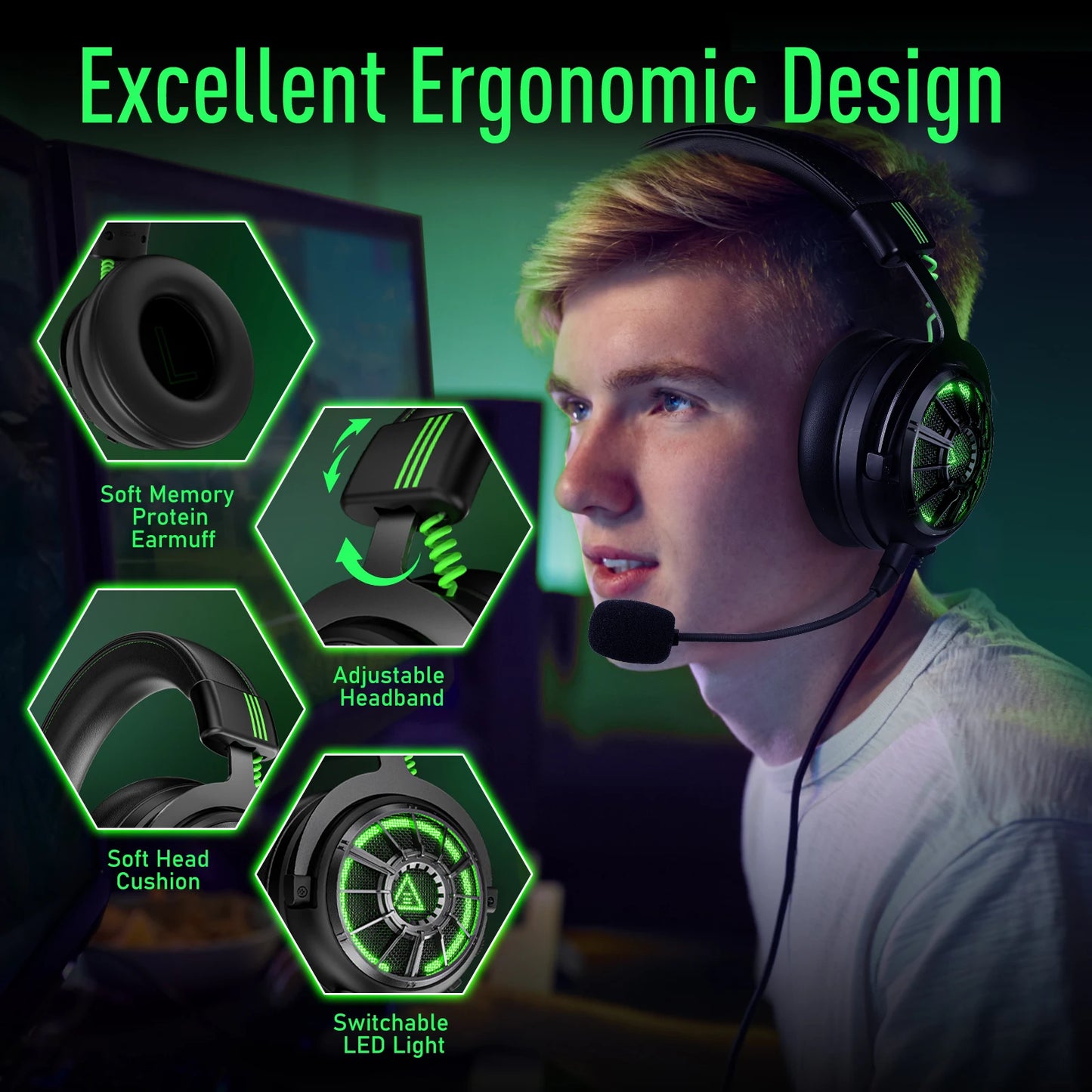 Cartmela E5000 Pro Gaming Headset – 7.1 Surround Sound, ENC Mic