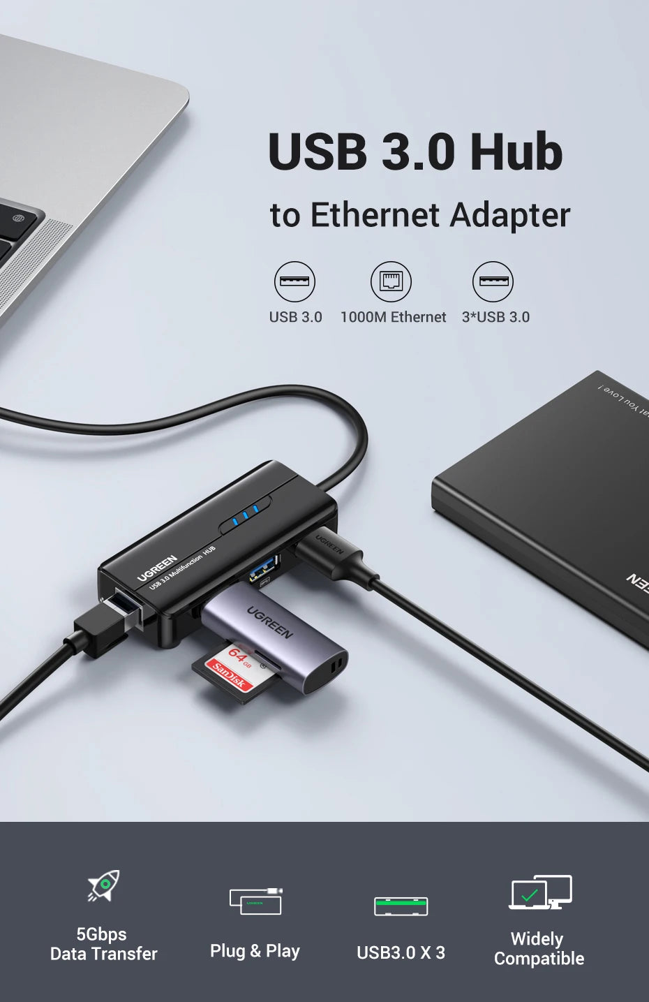 USB 3.0 1000Mbps Ethernet Adapter – RJ45 LAN Network Hub