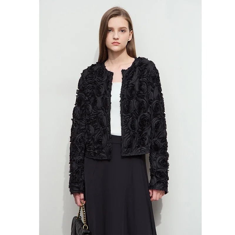 Women’s Elegant Short Jacket – Romantic Flower O-Neck Hook Button Coat