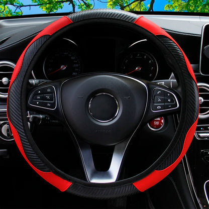 PU Carbon Fiber Leather Steering Wheel Cover 14.5–15 Inch Car Accessory