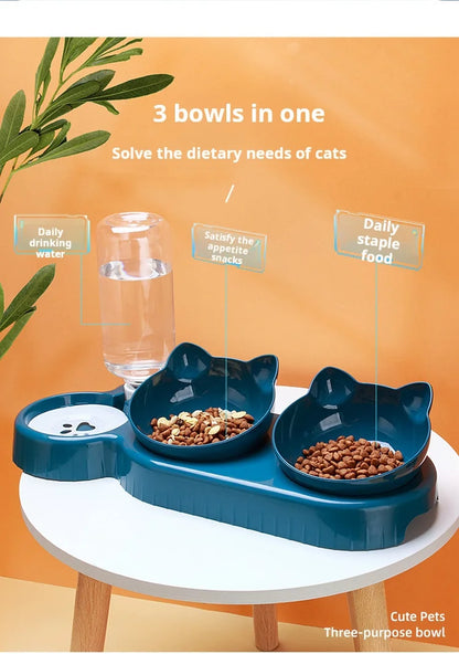 3-in-1 Cat Bowl Set with Tilted Design & Gravity Water Feeder