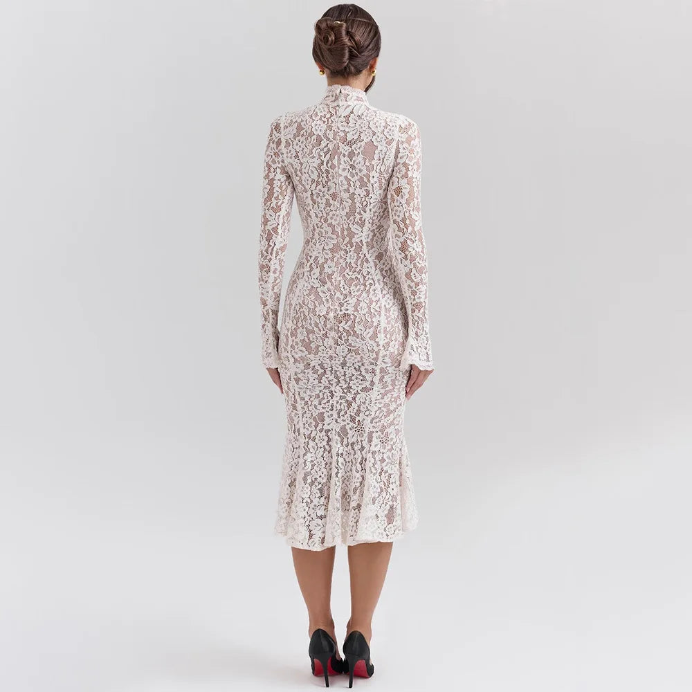 Women’s Elegant Lace Bodycon Dress – Long Sleeve Fishtail Evening Dress