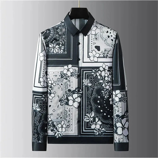 Luxury Vintage Print Men’s Shirt – Long Sleeve Business Casual