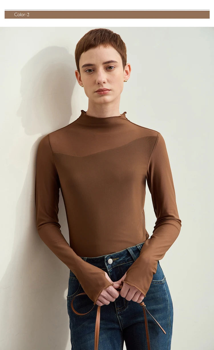 Women’s Mesh Half-High Neck Slim T-Shirt – Retro Office Spring Top