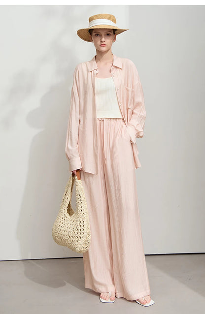 Women’s Casual Shirt & Wide Leg Pants – Spring Basic Separate Set