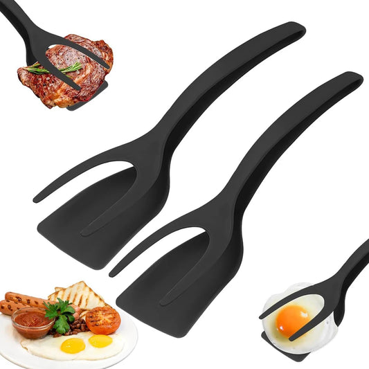 2-in-1 Grip Flip Spatula Tongs - Nylon Non-Stick Egg Flipper for Pancakes, Fish