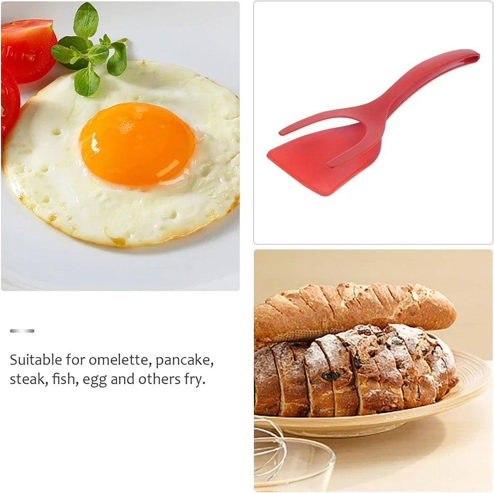 2-in-1 Grip Flip Spatula Tongs - Nylon Non-Stick Egg Flipper for Pancakes, Fish