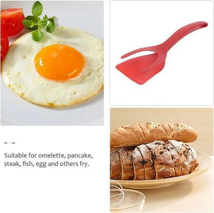 2-in-1 Grip Flip Spatula Tongs - Nylon Non-Stick Egg Flipper for Pancakes, Fish