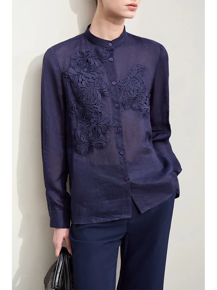 Women’s Autumn Stand Collar Lace Shirt – Elegant Shell Button Blouse