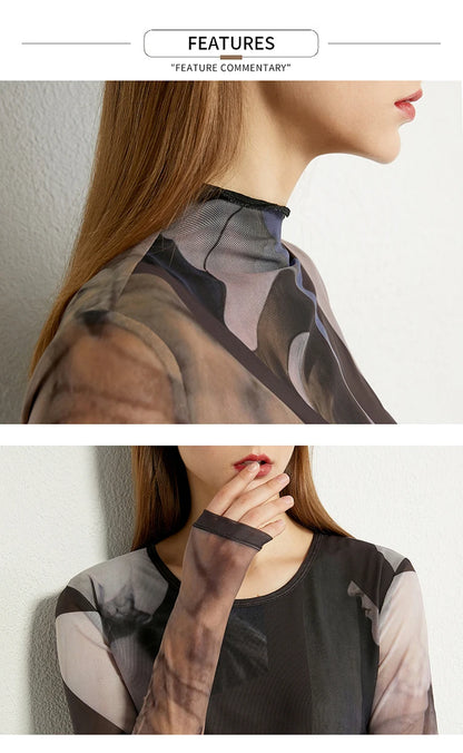 Women’s Long Sleeve Mesh Print T-Shirt – Slim Trendy Spring Top
