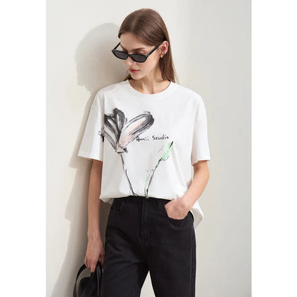Women’s Summer Ink Art Print T-Shirt – Loose O-Neck Cotton Tee