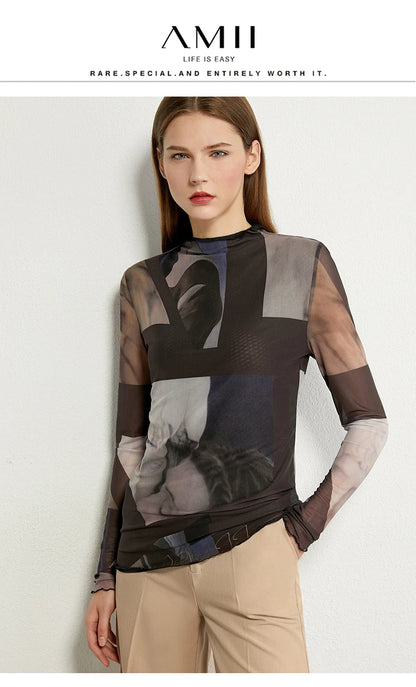 Women’s Long Sleeve Mesh Print T-Shirt – Slim Trendy Spring Top