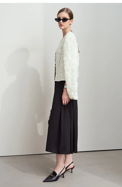 Women’s Elegant Short Jacket – Romantic Flower O-Neck Hook Button Coat