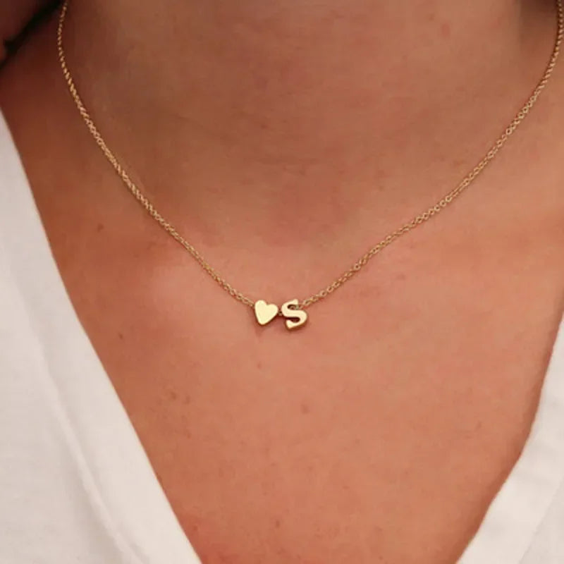Dainty Initial Necklace with Tiny Heart – Gold & Silver Choker