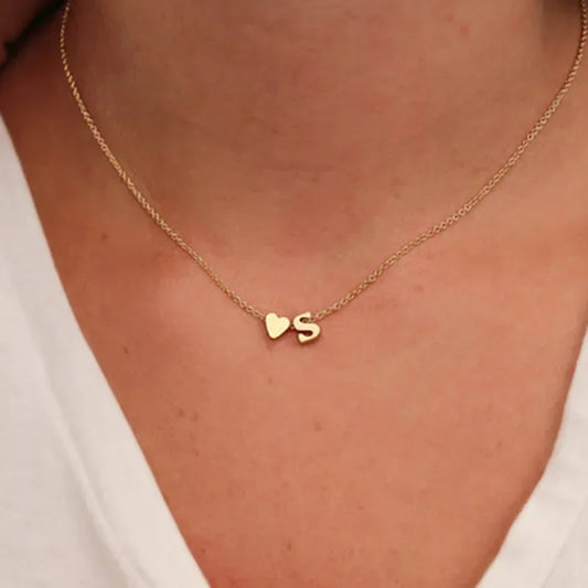 Dainty Initial Necklace with Tiny Heart – Gold & Silver Choker