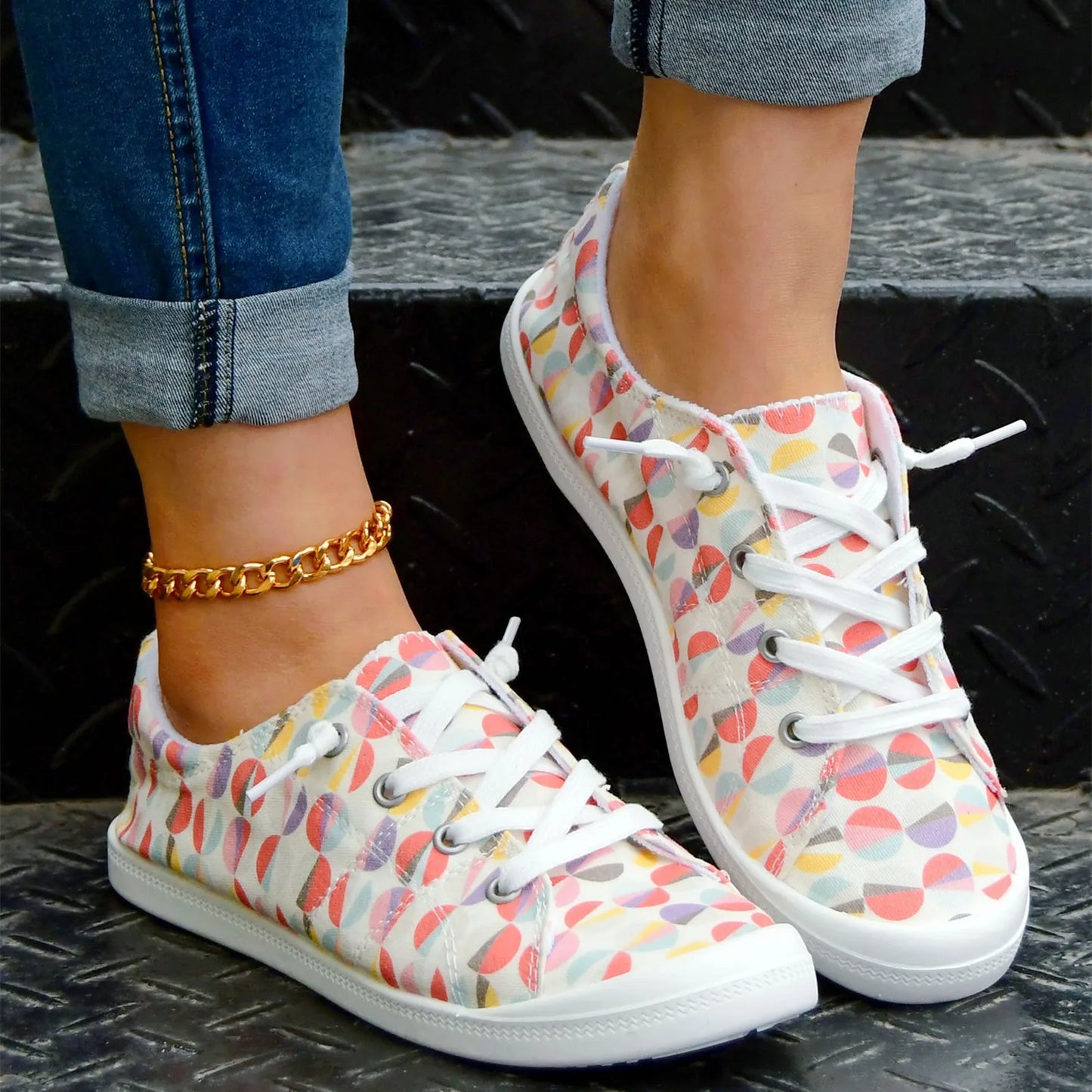 Women’s Floral Lace-Up Sneakers – Lightweight Casual Flat Shoes