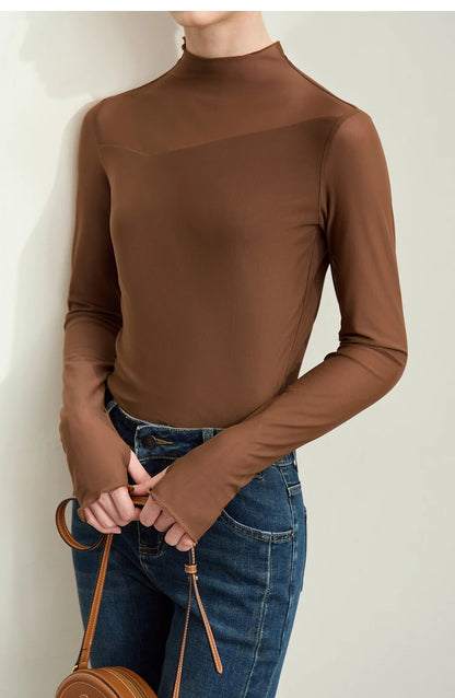 Women’s Mesh Half-High Neck Slim T-Shirt – Retro Office Spring Top