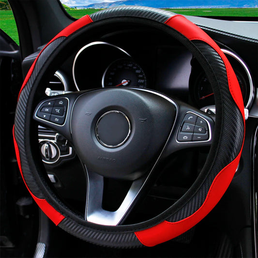 PU Carbon Fiber Leather Steering Wheel Cover 14.5–15 Inch Car Accessory