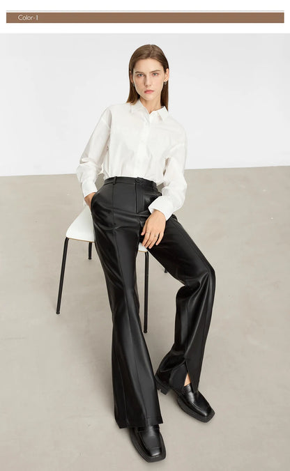 Women’s PU Leather Casual Pants – Loose Straight Floor-Length Trousers