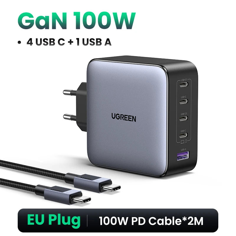 100W GaN Fast Charger – 5-Port USB-C PD QC4.0 Charger Hub