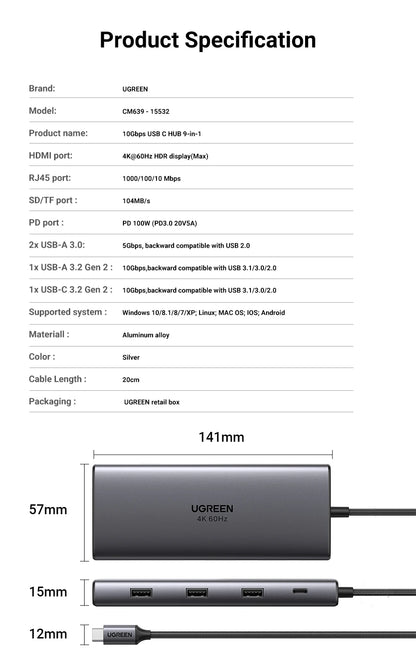 9-in-1 USB-C Hub – 4K@60Hz HDMI, 10Gbps USB, RJ45, PD 100W