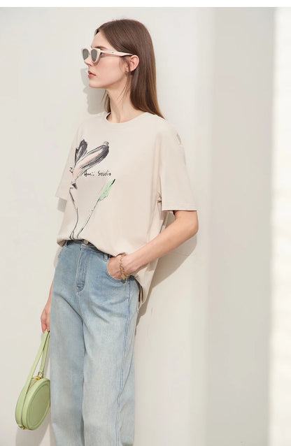 Women’s Summer Ink Art Print T-Shirt – Loose O-Neck Cotton Tee