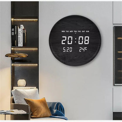 Round Wooden LED Digital Wall Clock – Silent & Modern Display