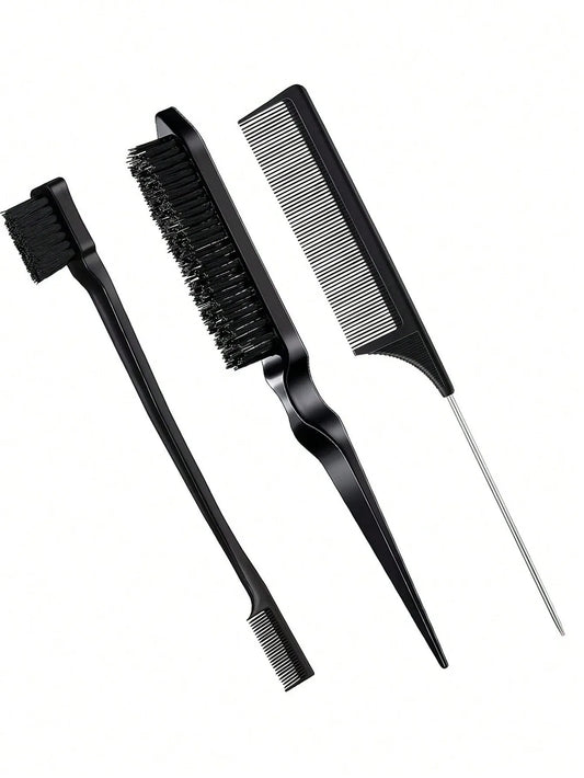 3pcs Hair Styling Comb Set – Edge Brush, Rat Tail & Detangling Tool