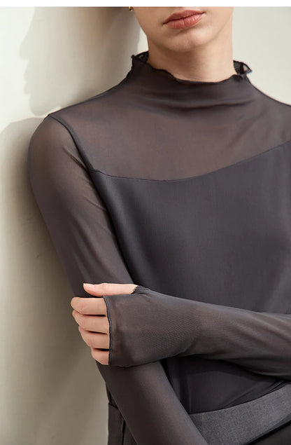 Women’s Mesh Half-High Neck Slim T-Shirt – Retro Office Spring Top