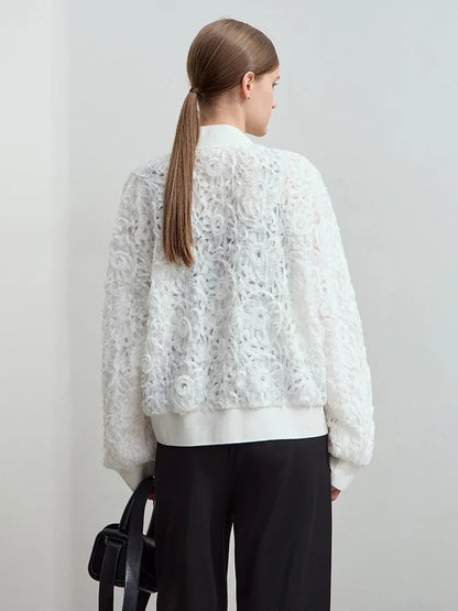 Women’s V-Neck Zipper Jacket – Hollow Flower Loose Casual Top
