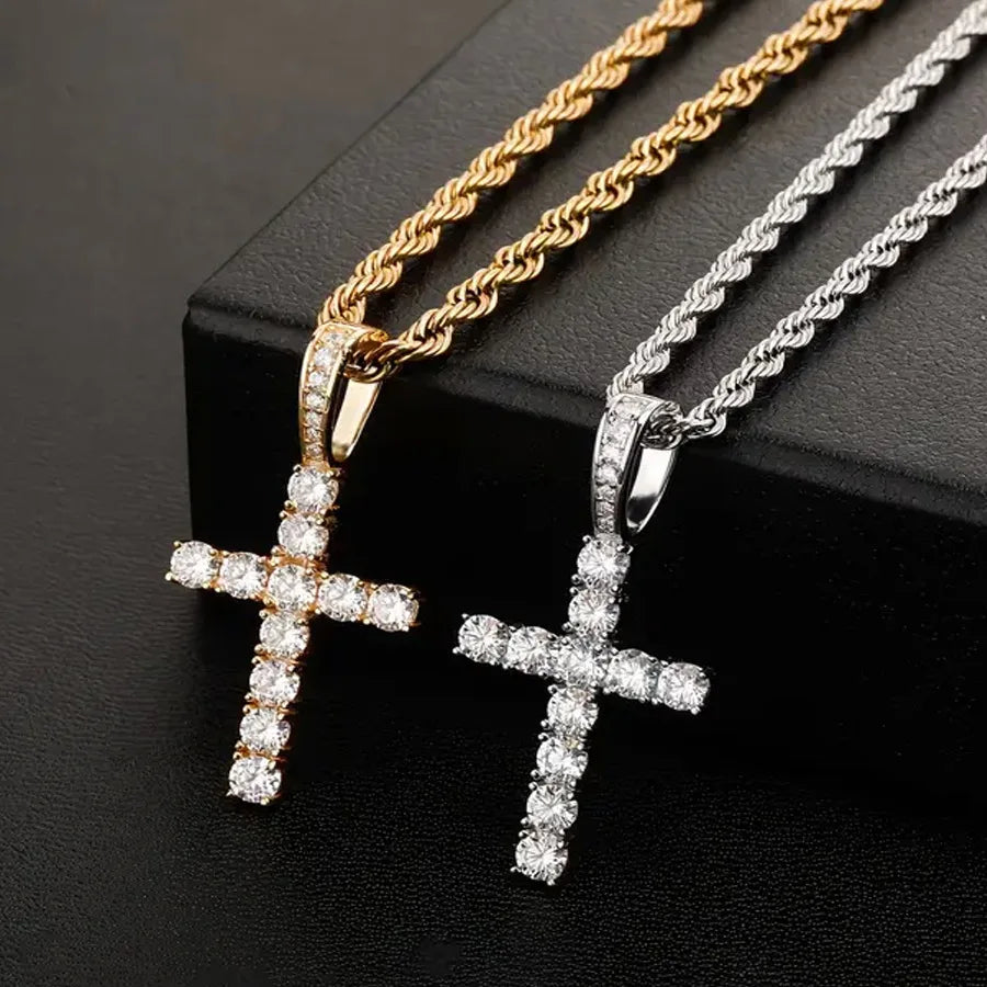 Unisex Gold Iced-Out Hip Hop Cross Pendant Necklace – Statement Chain