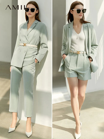 Women’s Office Blazer Set – Lace V-Neck Top & High Waist Pants